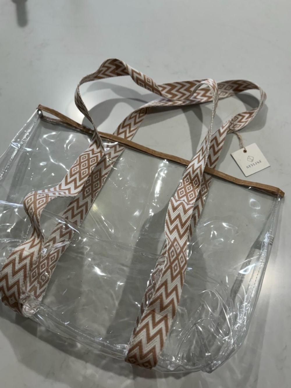 Clear PVC Tote with Patterned Tan & White Straps